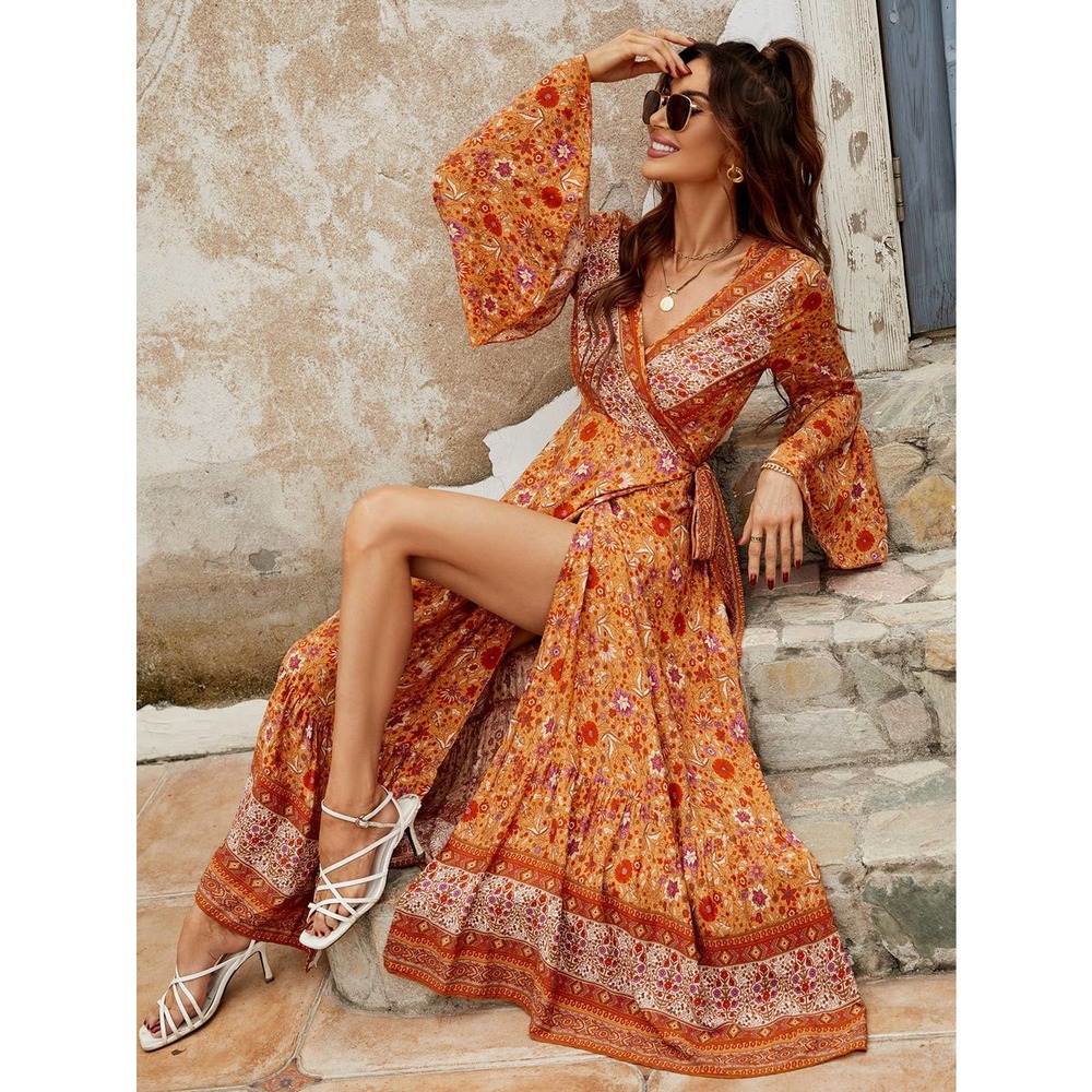 Boho long sleeve orange Floral Print Bell Sleeve Tie Front Wrap Dress maxi dress - Picture 6 of 7